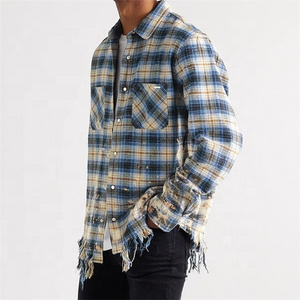 Custom oversized distressed checked cotton flannel mineral acid wash used ripped shirt for men