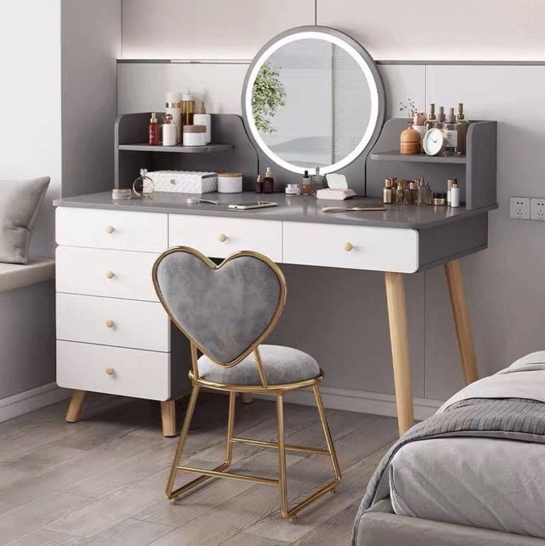 New style wood dressing table LED mirror vanity dresser with cushioned stool set