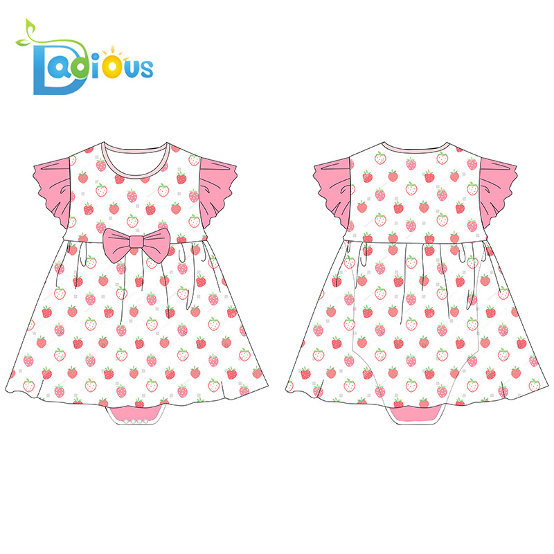 100% Cotton ABDL Pink Strawberry Pattern Of Adult Baby Diaper Onesie With Skirt