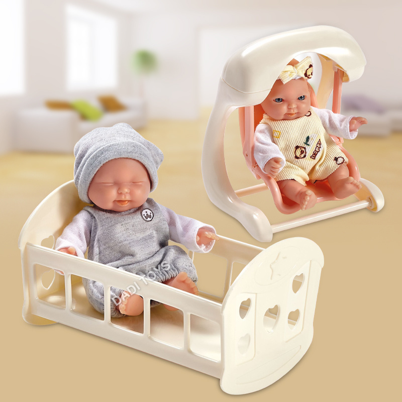 Lifelike Newborn Baby Real Life Plastic Doll For Girl, Best Selling Swing Cradle Small Bed Smiley Face 6 Inch Vinyl Doll