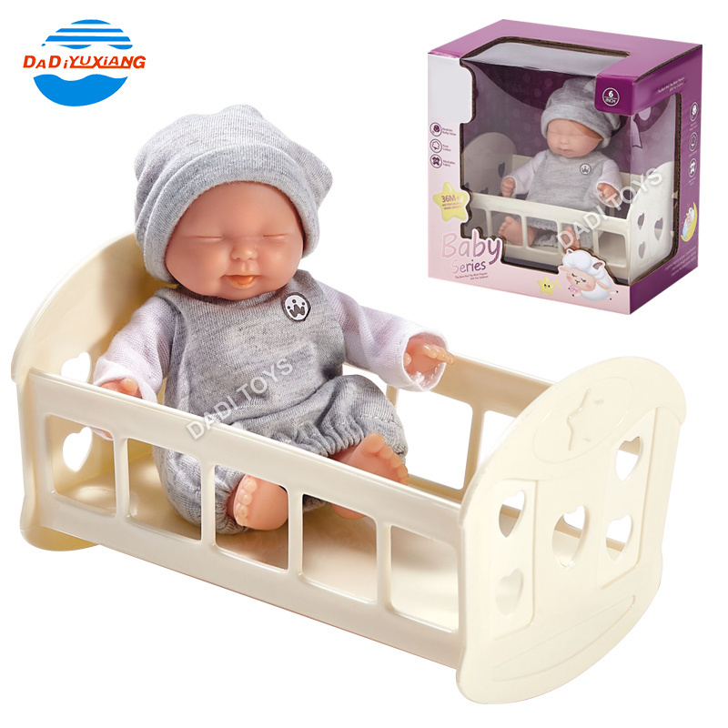 Lifelike Newborn Baby Real Life Plastic Doll For Girl, Best Selling Swing Cradle Small Bed Smiley Face 6 Inch Vinyl Doll