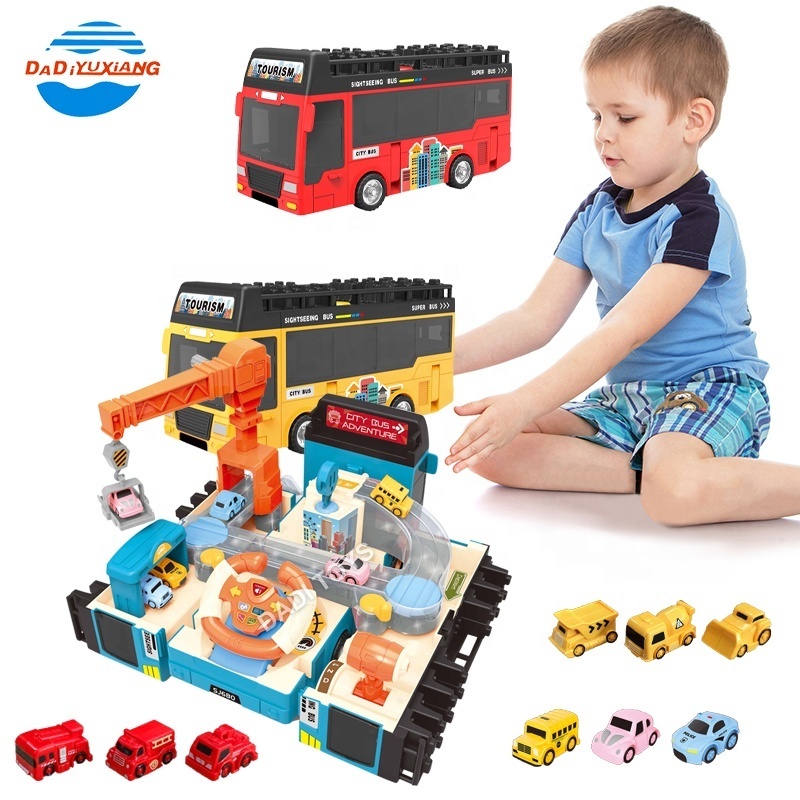 Educational Toy Alloy Car Game Set Plastic DIY Parking Garage Toy Fire Engine Toy Bus & Double Bus