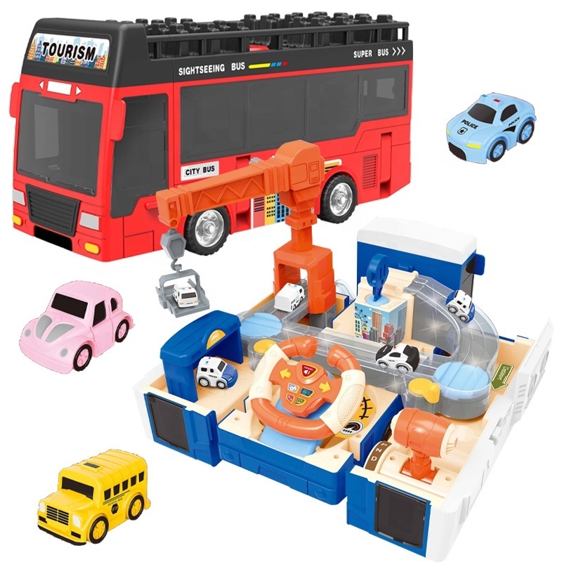 Educational Toy Alloy Car Game Set Plastic DIY Parking Garage Toy Fire Engine Toy Bus & Double Bus