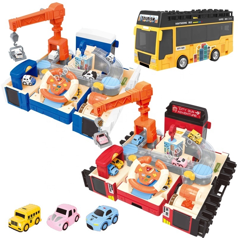 Educational Toy Alloy Car Game Set Plastic DIY Parking Garage Toy Fire Engine Toy Bus & Double Bus