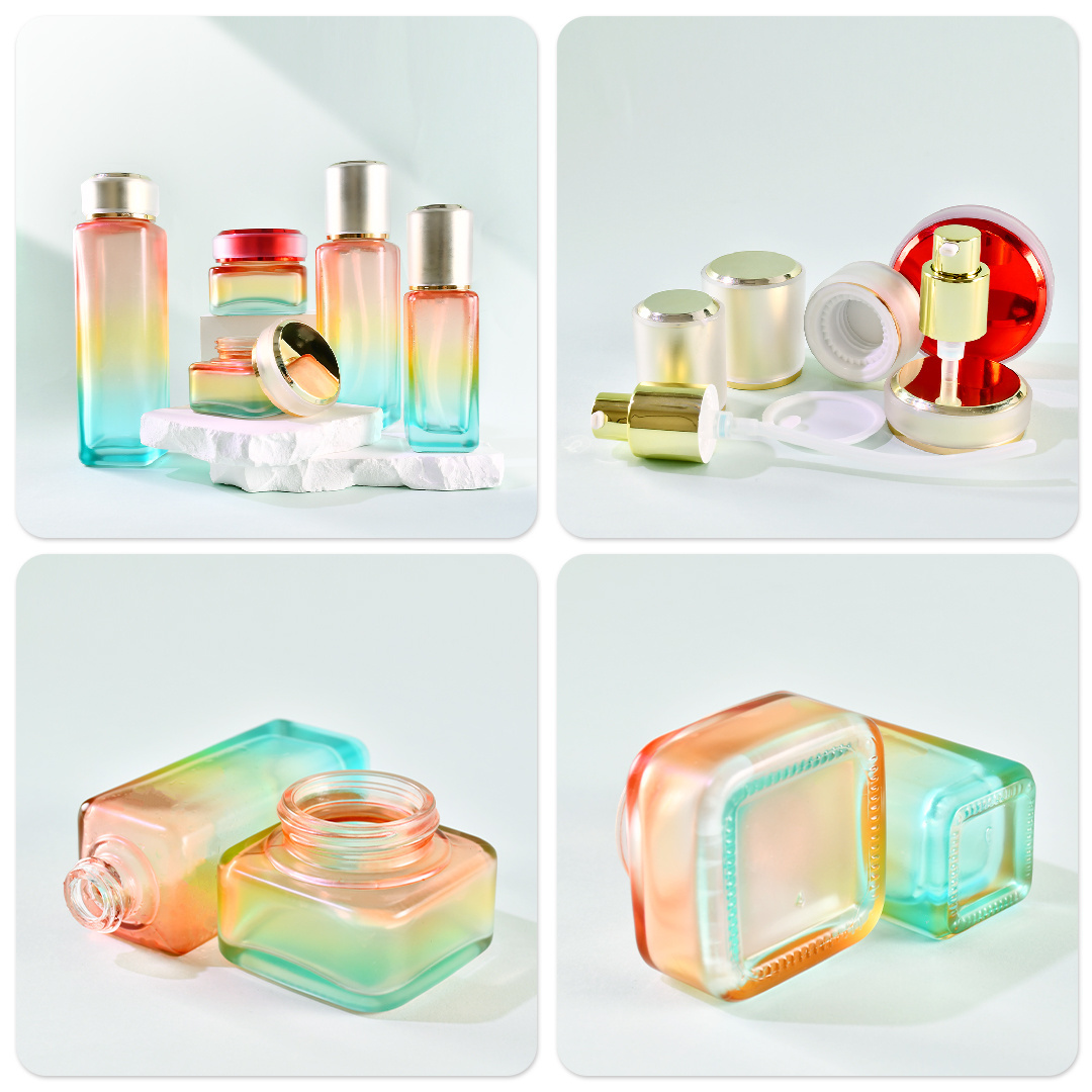 Custom Luxury Glass rainbow gradient color skincare packaging set 30g 50g Cosmetic Cream jar 40ml 100ml 150ml Lotion Pump Bottle