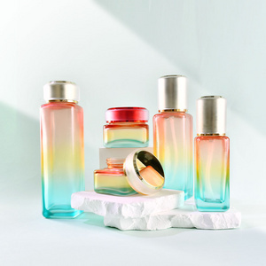 Custom Luxury Glass rainbow gradient color skincare packaging set 30g 50g Cosmetic Cream jar 40ml 100ml 150ml Lotion Pump Bottle