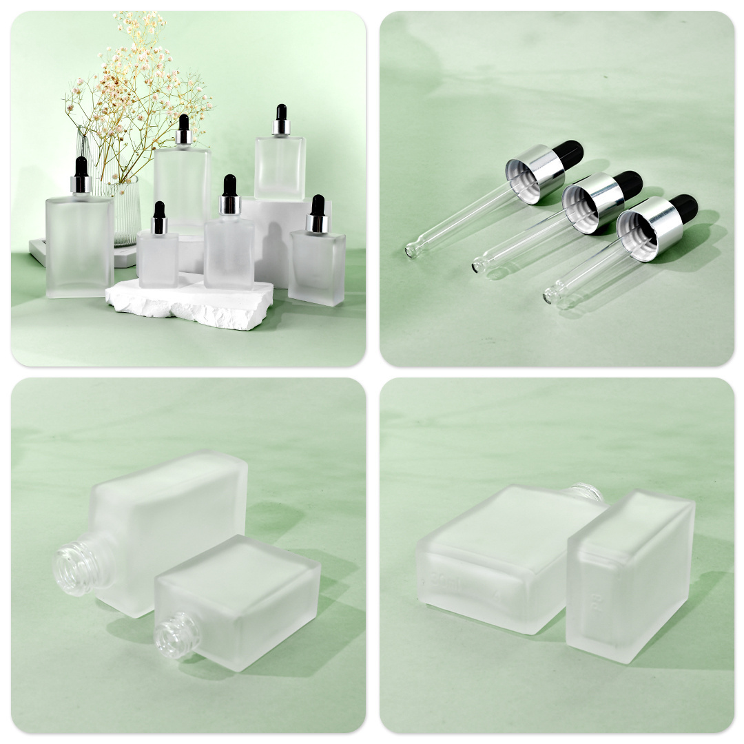 Luxury Flat Square Rectangle Frosted Serum Essential Oil Bottle 15ml 30ml 50ml 100ml 120ml Hair Oil Glass Dropper Bottles