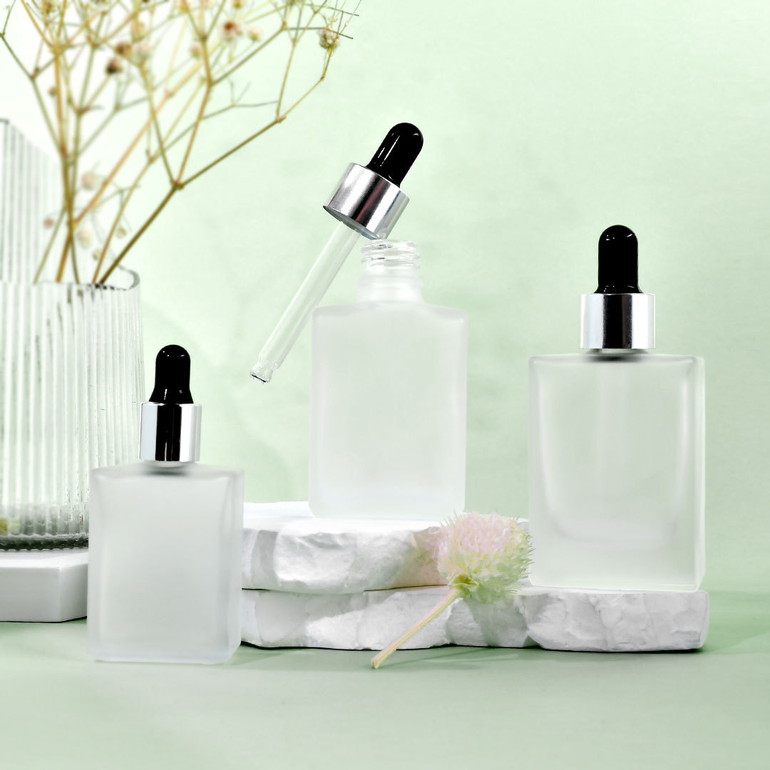 Luxury Flat Square Rectangle Frosted Serum Essential Oil Bottle 15ml 30ml 50ml 100ml 120ml Hair Oil Glass Dropper Bottles