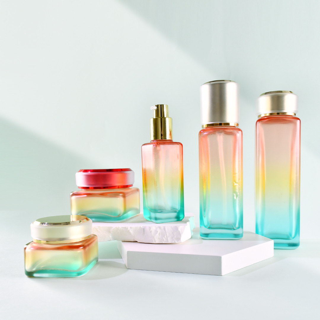 Custom Luxury Glass rainbow gradient color skincare packaging set 30g 50g Cosmetic Cream jar 40ml 100ml 150ml Lotion Pump Bottle