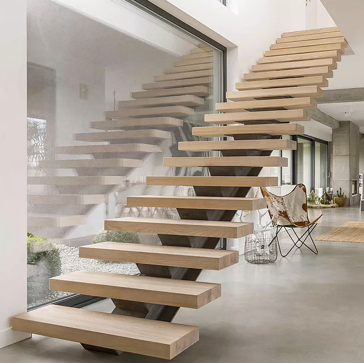 Decorative double stringer straight stairs with cable railing and oak treads/white oak stair treads outdoor stairs