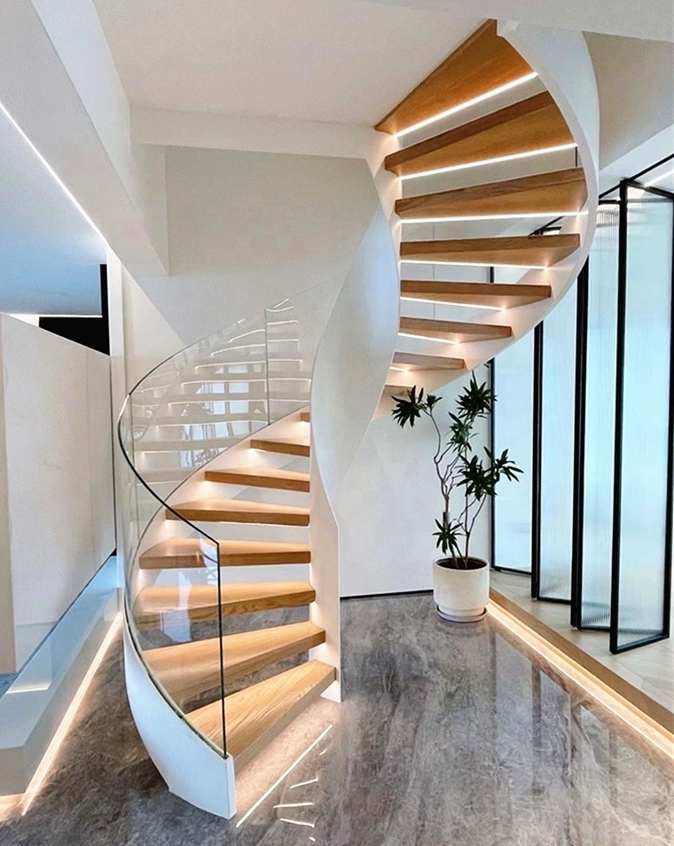 Iron Railing Round Tube Carbon Steel Spiral Staircase/ Glass Curved Staircase modern steel staircase/glass stairs