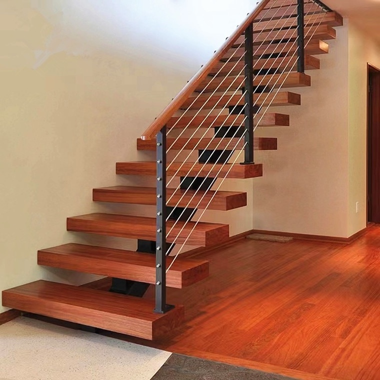 Decorative double stringer straight stairs with cable railing and oak treads/stairs railing design glass staircase