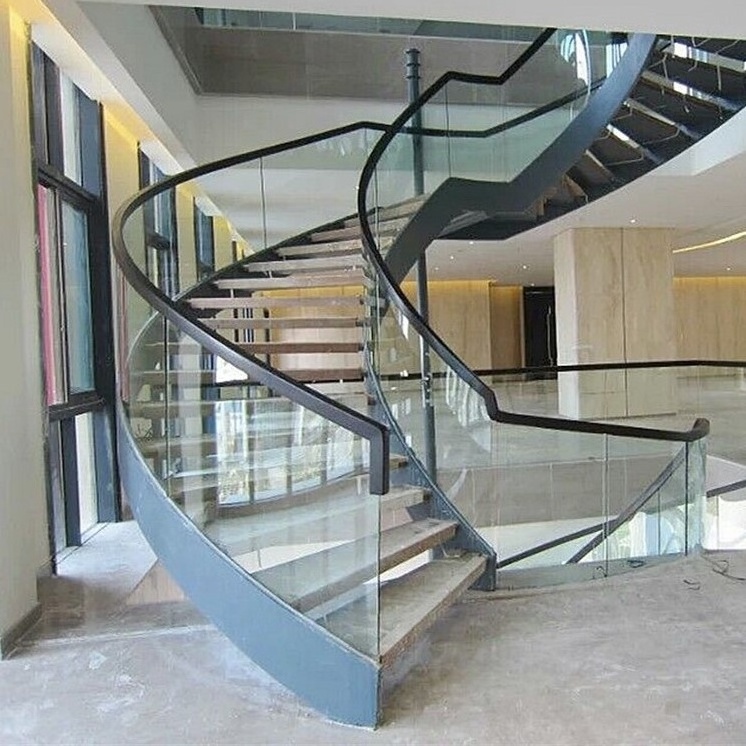 Iron Railing Round Tube Carbon Steel Spiral Staircase/ Glass Curved Staircase modern steel staircase/glass stairs