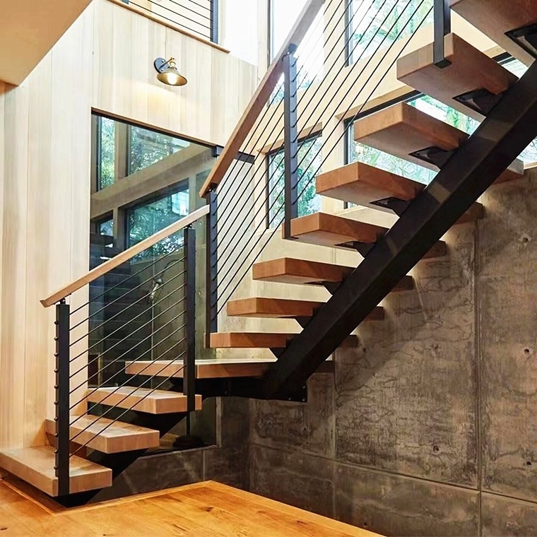 Decorative double stringer straight stairs with cable railing and oak treads/stairs railing design glass staircase