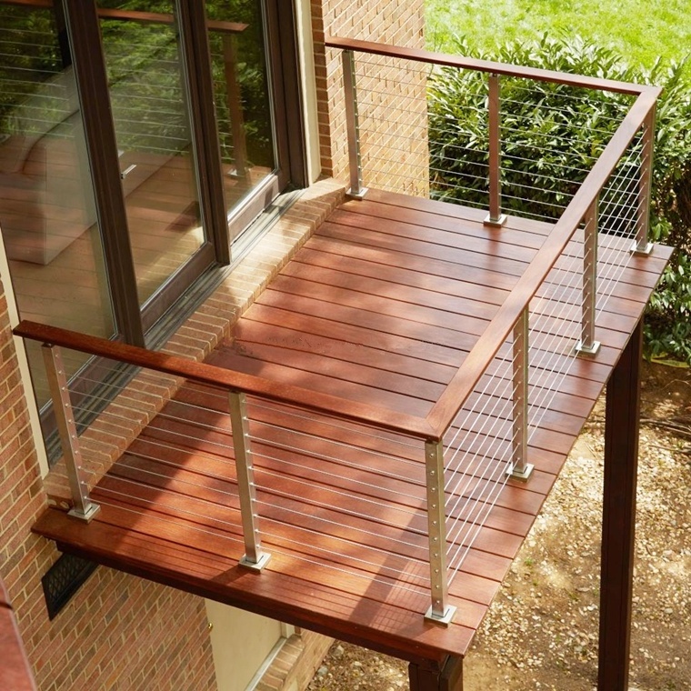 Decorative double stringer straight stairs with cable railing and oak treads/white oak stair treads outdoor stairs