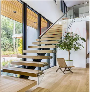 Decorative double stringer straight stairs with cable railing and oak treads/white oak stair treads outdoor stairs