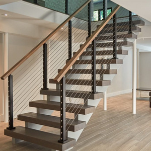 Decorative double stringer straight stairs with cable railing and oak treads/white oak stair treads outdoor stairs