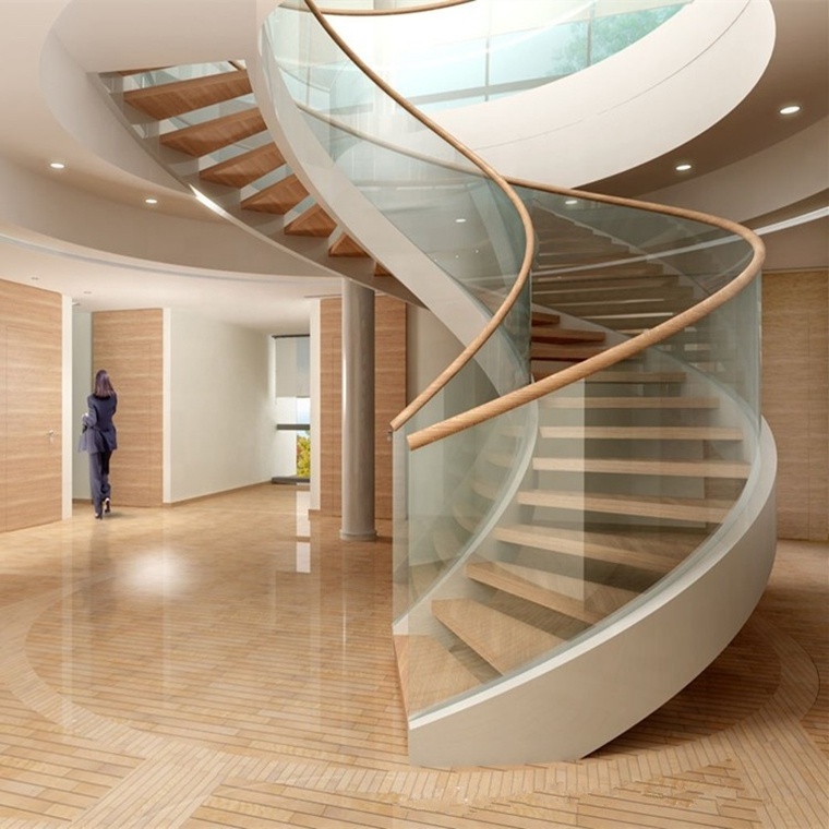 Iron Railing Round Tube Carbon Steel Spiral Staircase/ Glass Curved Staircase modern steel staircase/glass stairs