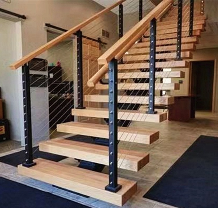 Indoor Solid Wood Oak Straight Staircase with Prefabricated Metal and Glass Railing and Laminated Glass Tread