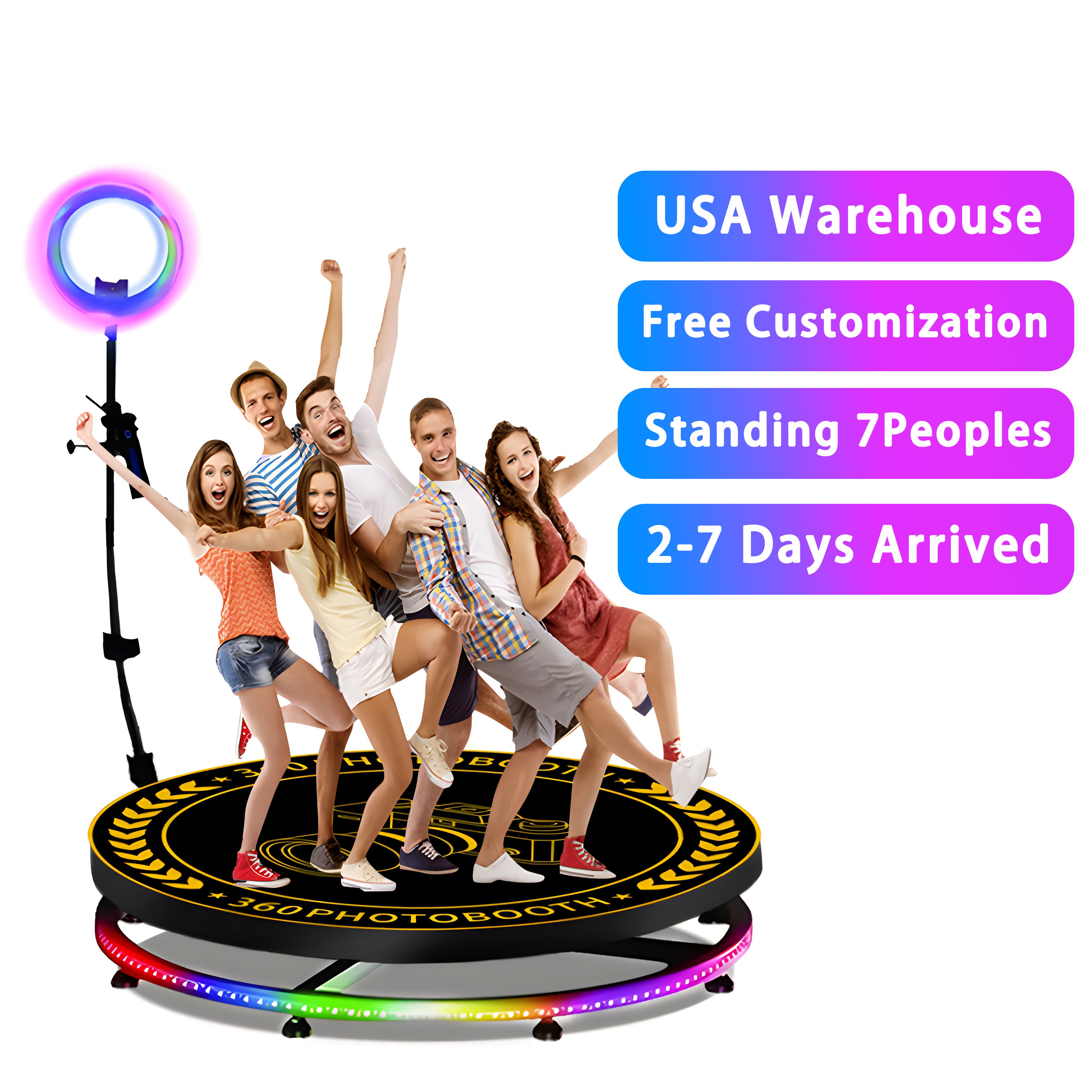 US Warehouse plataforma 360 degree slow motion video booth 369 camera rotating selfie platform 360 photo booth