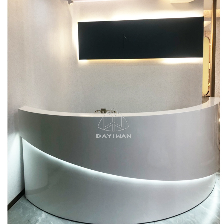 Design and customization high end modern white reception desk semi circular shopping mall