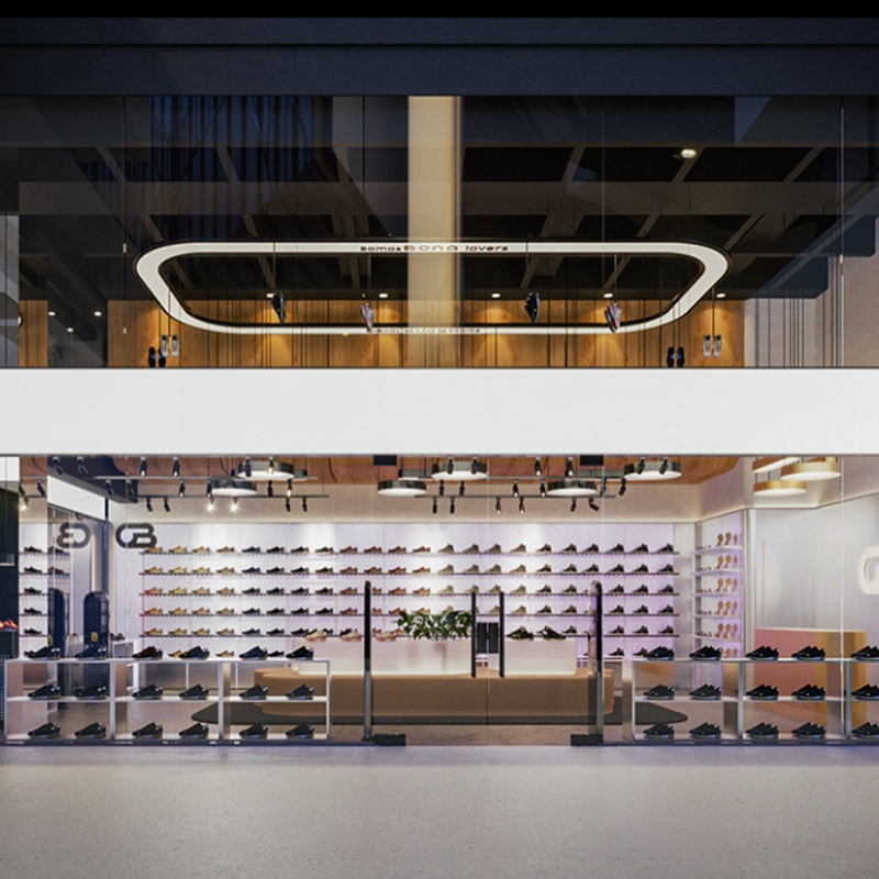 Luxury shoes store interior design ideas display furniture shoe store fitout counter cabinet slat wall shoe display