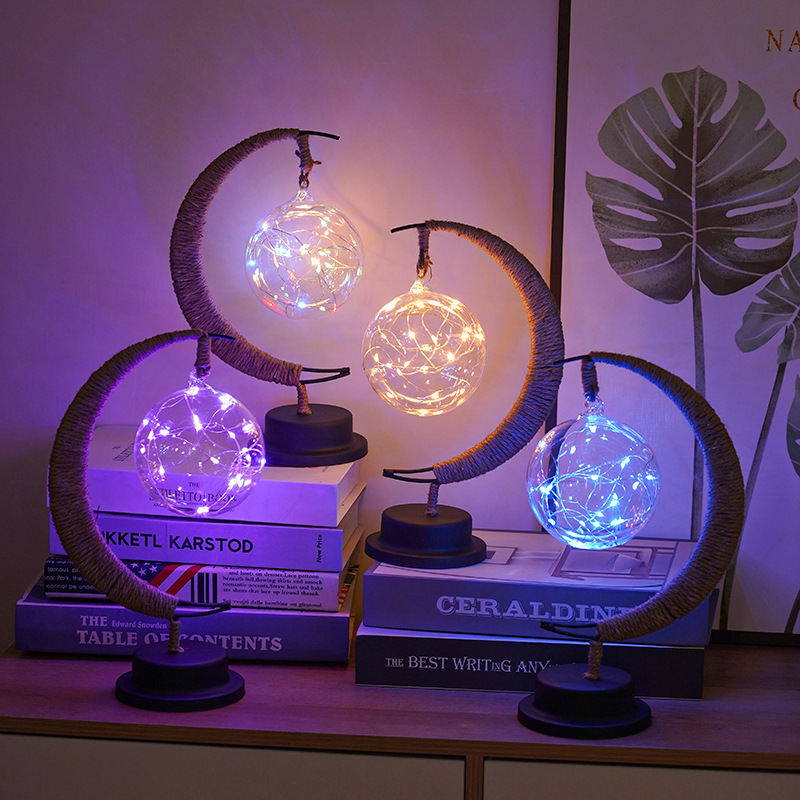 Hot Selling battery powered hanging decorative plastic Led Night Light Rattan Handmade Moon Desktop Copper Wire Light lamp