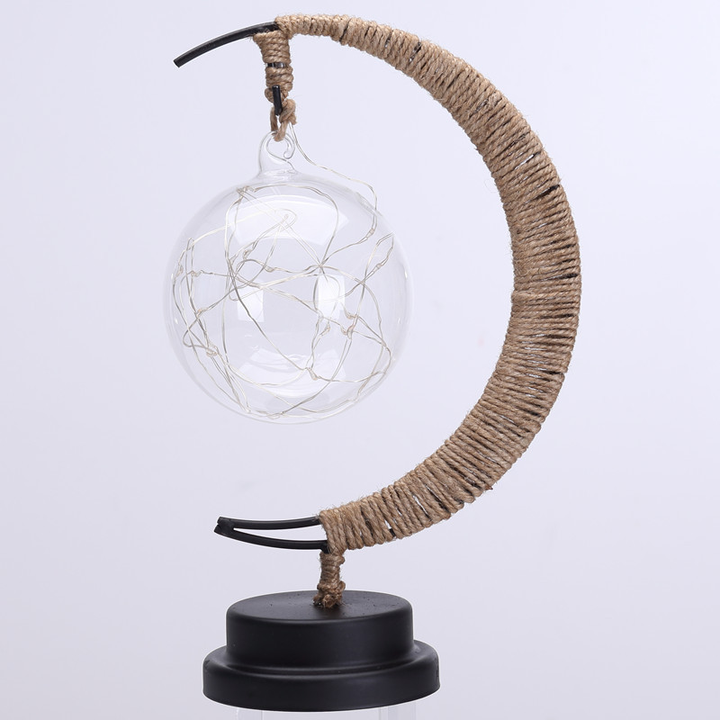 Hot Selling battery powered hanging decorative plastic Led Night Light Rattan Handmade Moon Desktop Copper Wire Light lamp