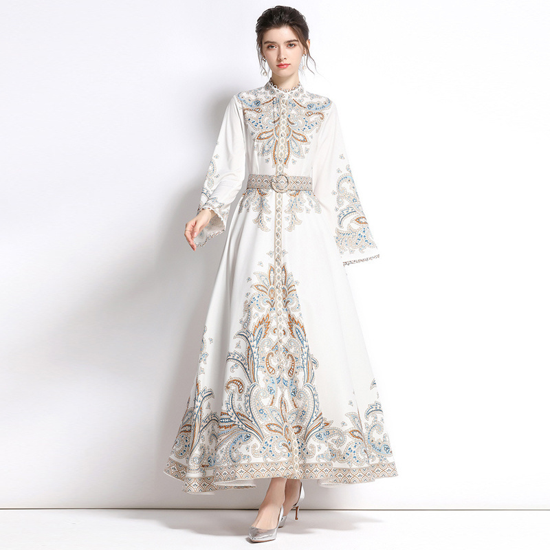 Vintage Ethic Style Vacation Runway Dress Women Floral Print Elegant Maxi Long Dress Turkish Islamic Clothing Jalabiya