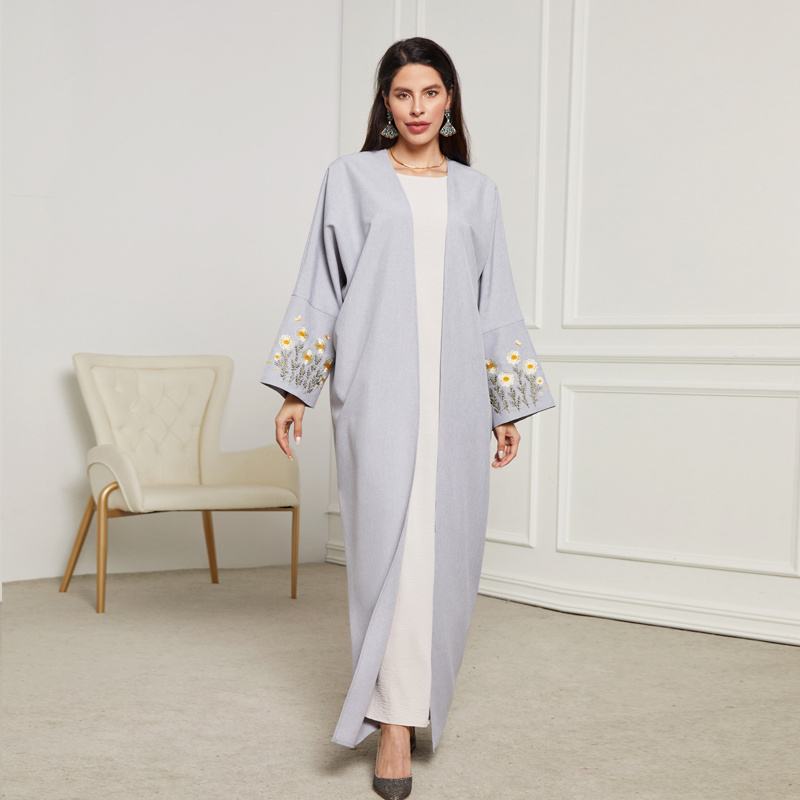 Dropshipping 2024 Ramadan Embroidery Modest Abaya Linen Open Abaya Femmes Robe Musulmane Dubai Abaya Islamic Clothing Wholesale