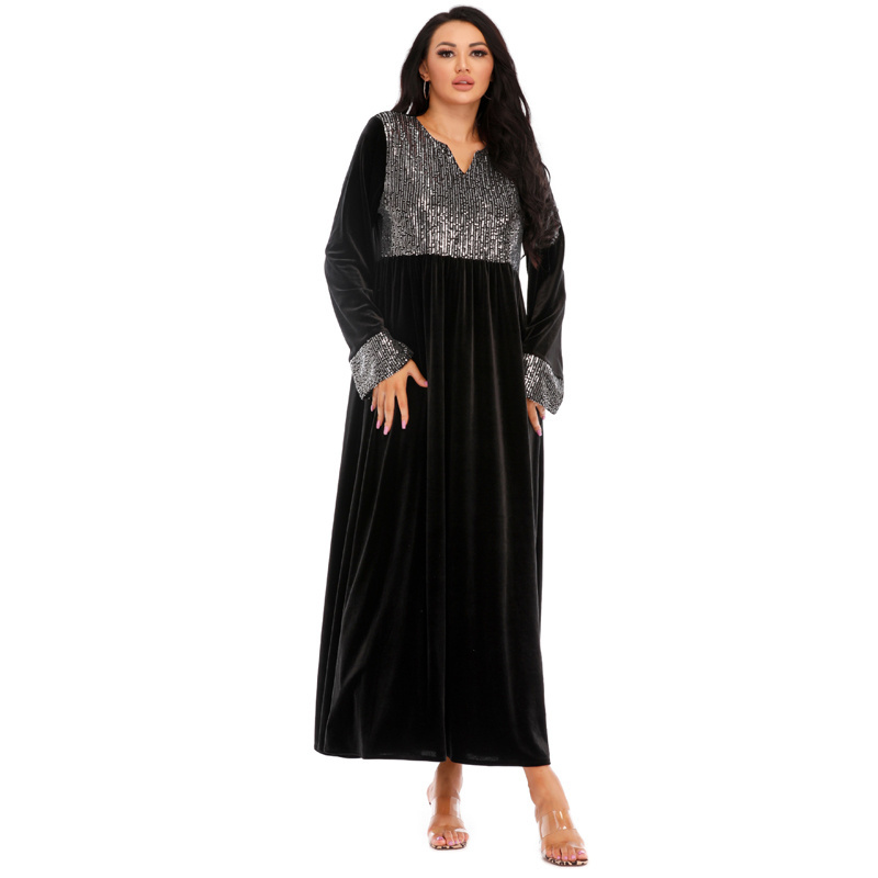 Factory Sequins Embroidered Maxi Dress Velvet Turkey Arabic V Neck Long Sleeve Jalabiya Muslim Islamic Ethnic Abaya 2022 Eid