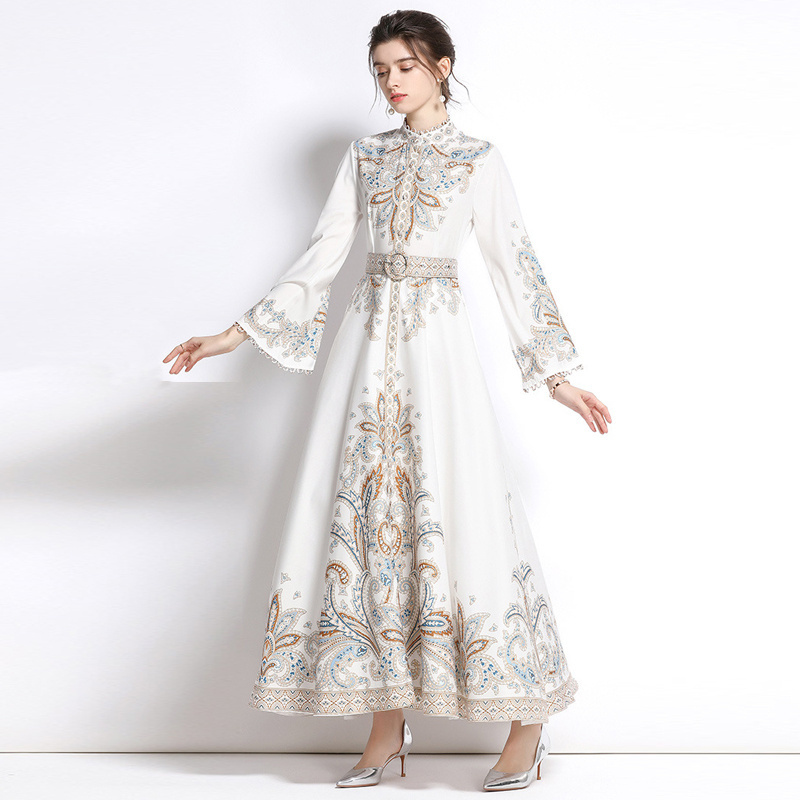 Vintage Ethic Style Vacation Runway Dress Women Floral Print Elegant Maxi Long Dress Turkish Islamic Clothing Jalabiya