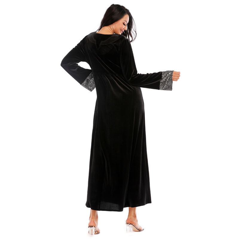 Factory Sequins Embroidered Maxi Dress Velvet Turkey Arabic V Neck Long Sleeve Jalabiya Muslim Islamic Ethnic Abaya 2022 Eid