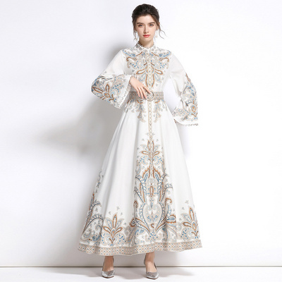 Vintage Ethic Style Vacation Runway Dress Women Floral Print Elegant Maxi Long Dress Turkish Islamic Clothing Jalabiya