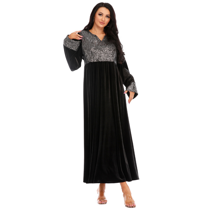 Factory Sequins Embroidered Maxi Dress Velvet Turkey Arabic V Neck Long Sleeve Jalabiya Muslim Islamic Ethnic Abaya 2022 Eid