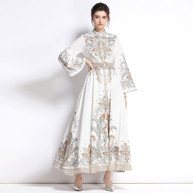 Vintage Ethic Style Vacation Runway Dress Women Floral Print Elegant Maxi Long Dress Turkish Islamic Clothing Jalabiya