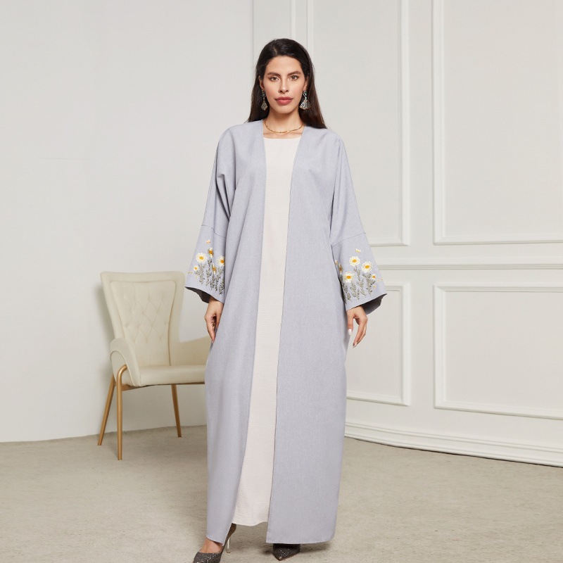 Dropshipping 2024 Ramadan Embroidery Modest Abaya Linen Open Abaya Femmes Robe Musulmane Dubai Abaya Islamic Clothing Wholesale