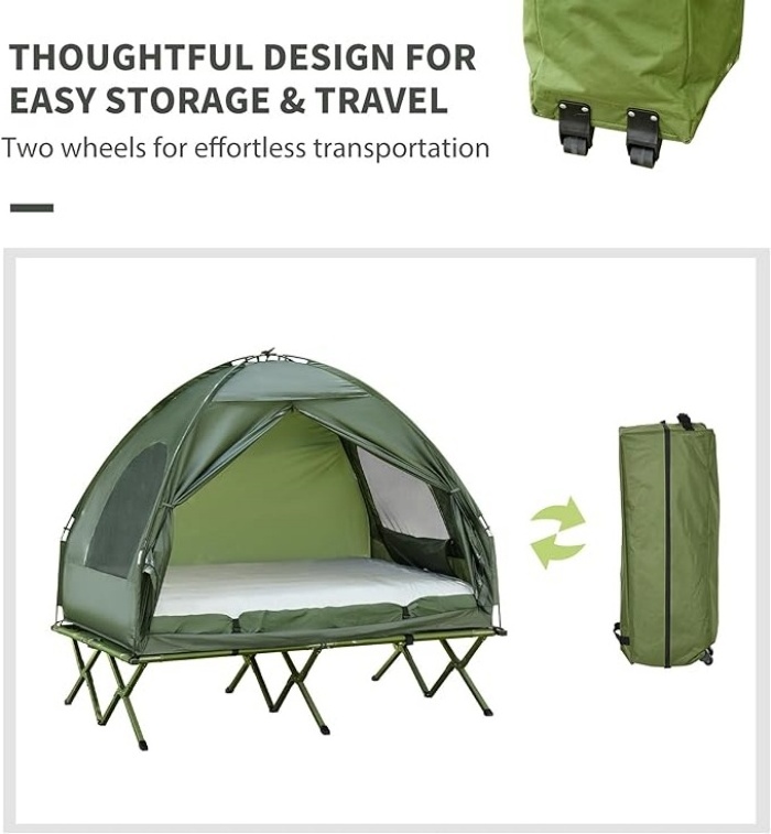 Hotsale 2 Person Foldable Camping Cot with Tent, Bedspread and Thick Air Mattress, 4-in-1 Off Ground Camping Bed Tent