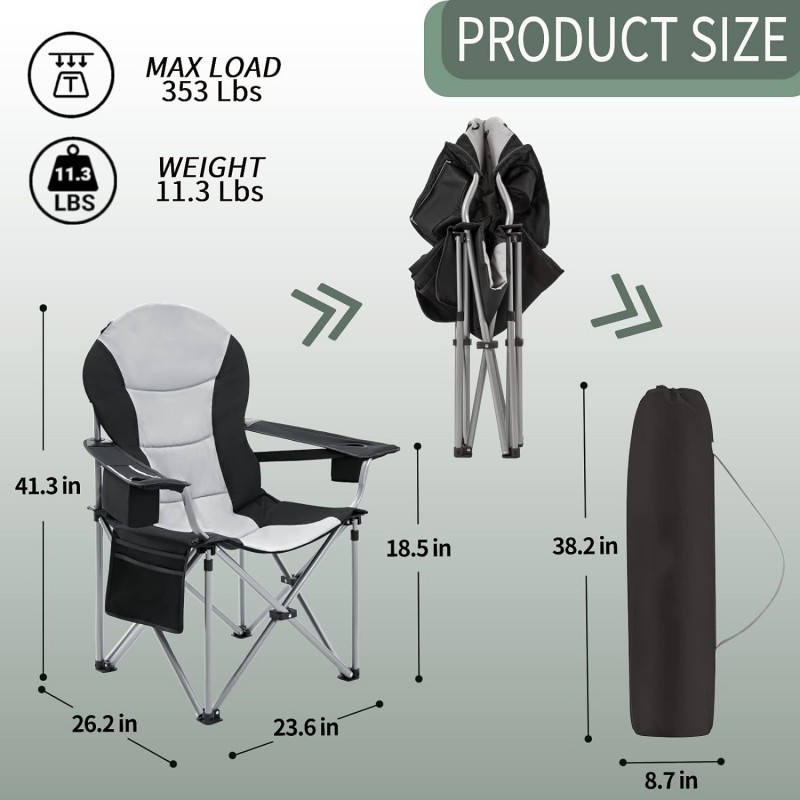 Lumbar Back Padded Camp Chair Heavy Duty Oversized Folding Camping Chair Portable Lawn Chairs