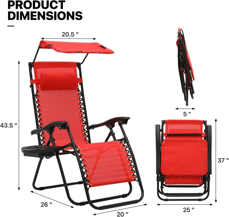 Folding Lounge Chairs for Outside Zero Gravity Recliner Patio Beach Chair With Canopy Shade Headrest Side Accessory Tray