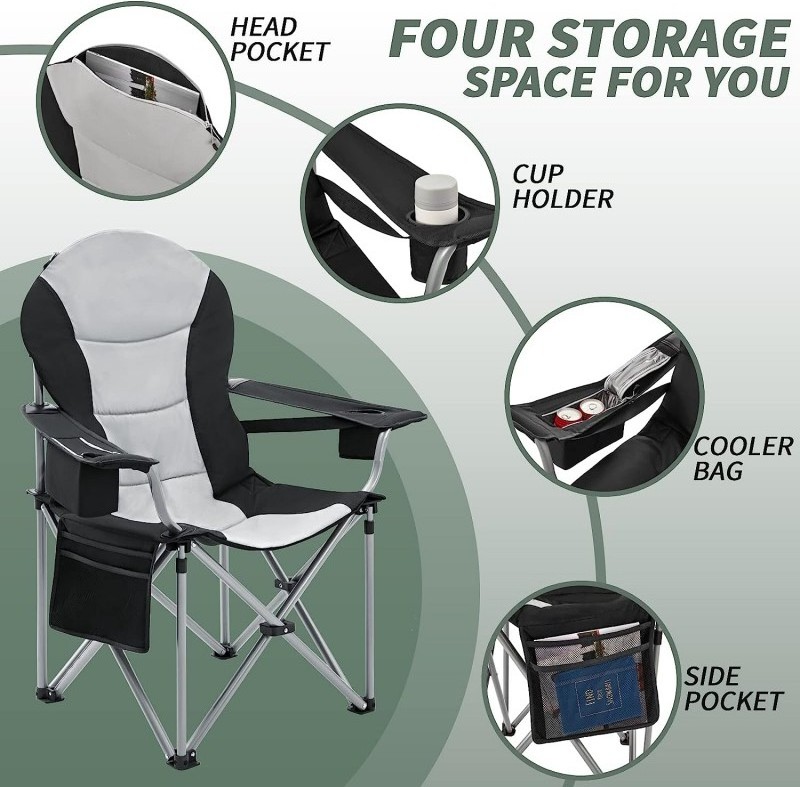 Lumbar Back Padded Camp Chair Heavy Duty Oversized Folding Camping Chair Portable Lawn Chairs