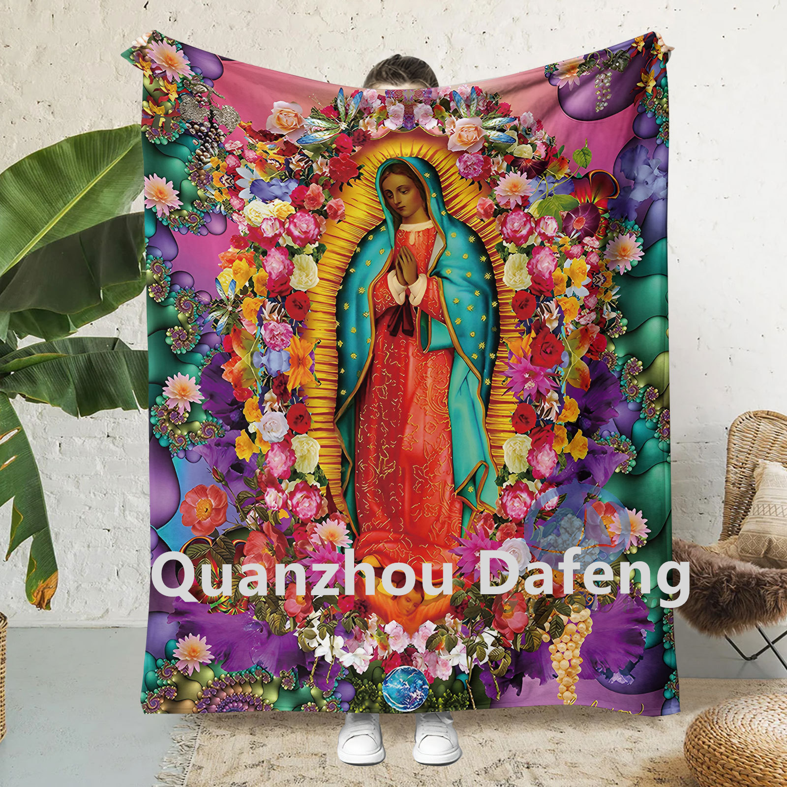 2024 wholesale newest style Mexico Virgin Mary Pattern Blankets flannel fleece Mexican blanket