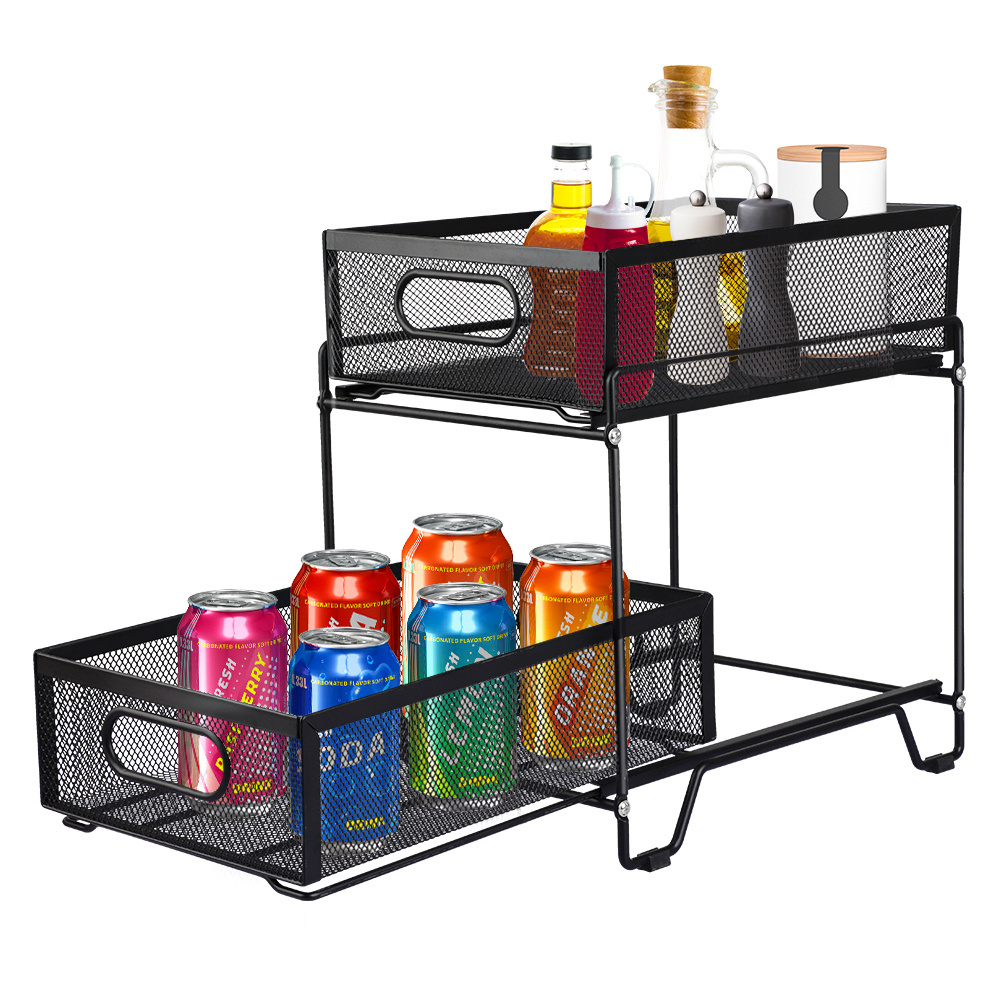 Two Tier Metal Sliding Pull Out Cabinet Basket Pantry Bathroom Organizers Storage Under Sink Kitchen Organizer