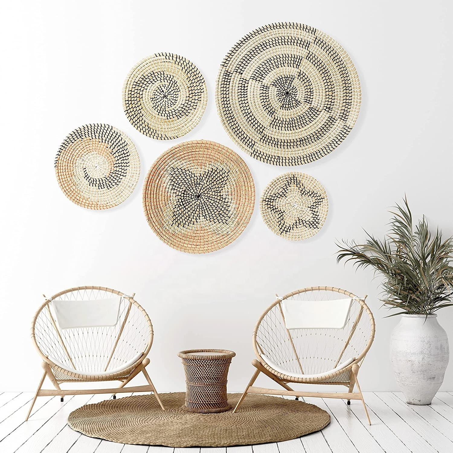 Vietnam BOHO Wicker Natural Rattan Art Woven Decorative Fruit  Plant Seagrass Wall Hanging Storage Basket Decor Set