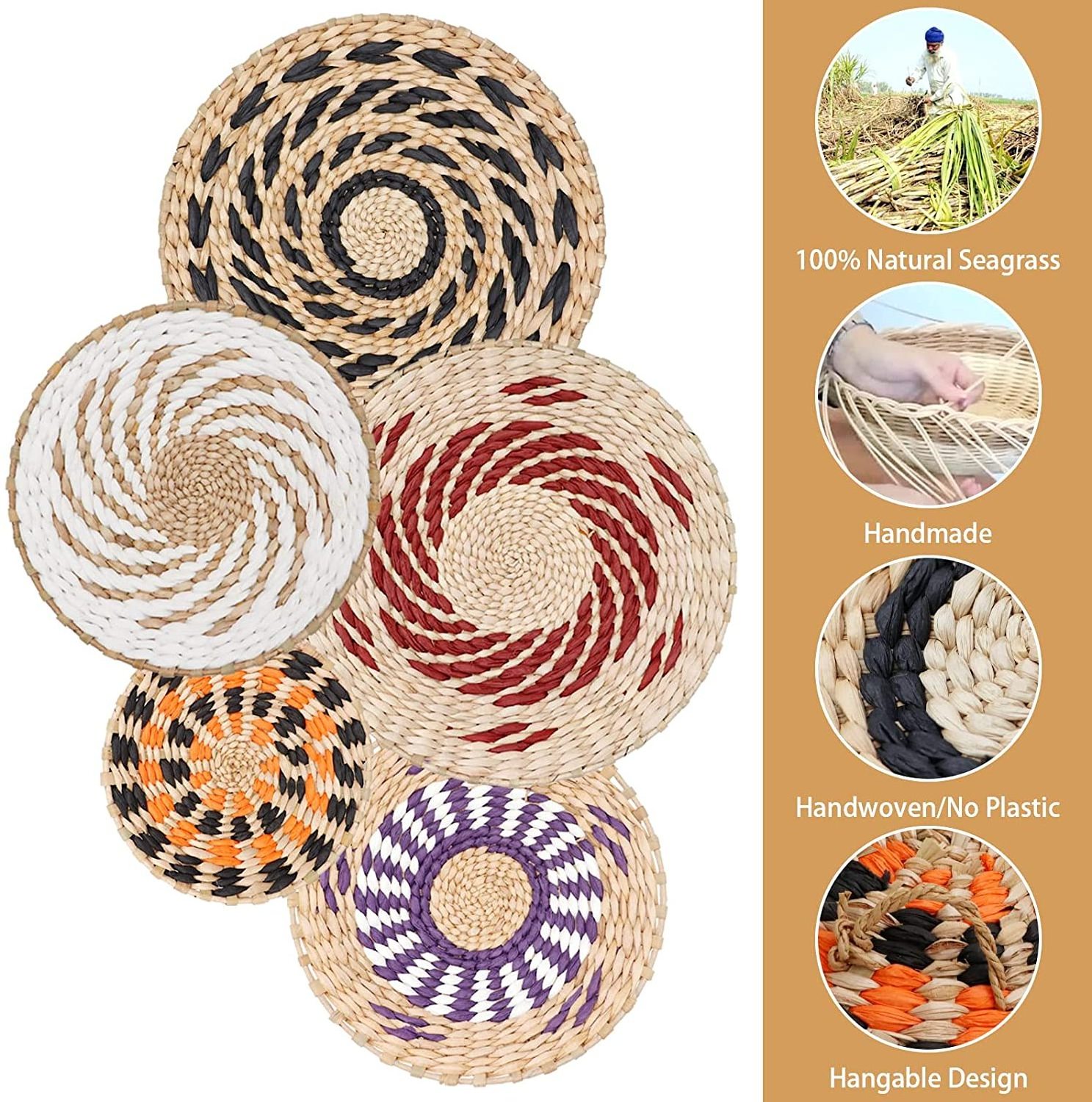 Vietnam BOHO Wicker Natural Rattan Bowl Art Woven Decorative Fruit Plant Basket Seagrass Wall Hanging Storage Basket Decor Set