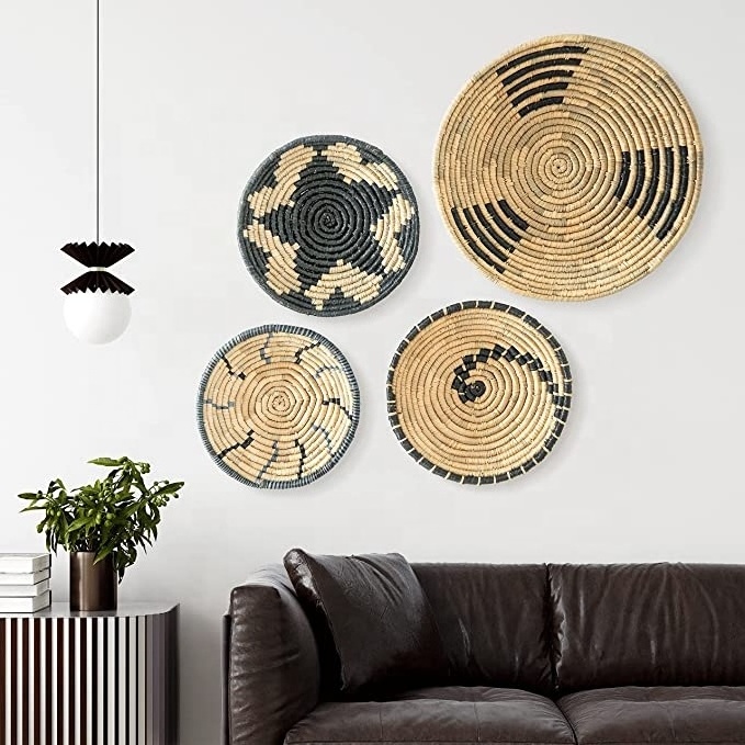 Best Selling Vietnamese Rustic Round Seagrass Jute Rope Iron Basket Wall decor Vietnam Woven Basket Wall Decor Set