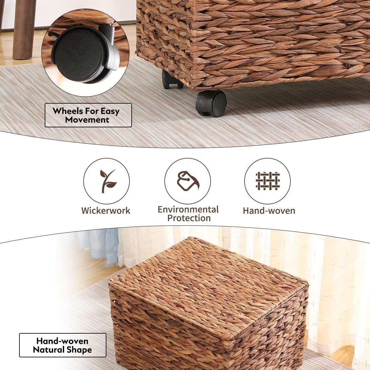 Home Decor Basketry Rattan Seagrass Wicker Laundry Rolling File Cabinet Water Hyacinth Storage Basket With Lid And Wheel