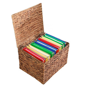 Home Decor Basketry Rattan Seagrass Wicker Laundry Rolling File Cabinet Water Hyacinth Storage Basket With Lid And Wheel