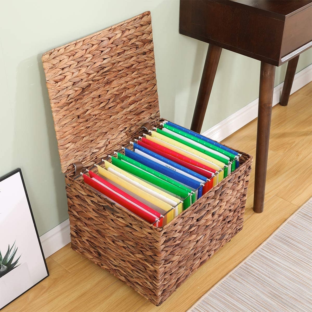 Seagrass Water Hyacinth Wicker Basketry Rolling File Cabinet Storage Organizer Box with Lid Home Office Decorative Organizer