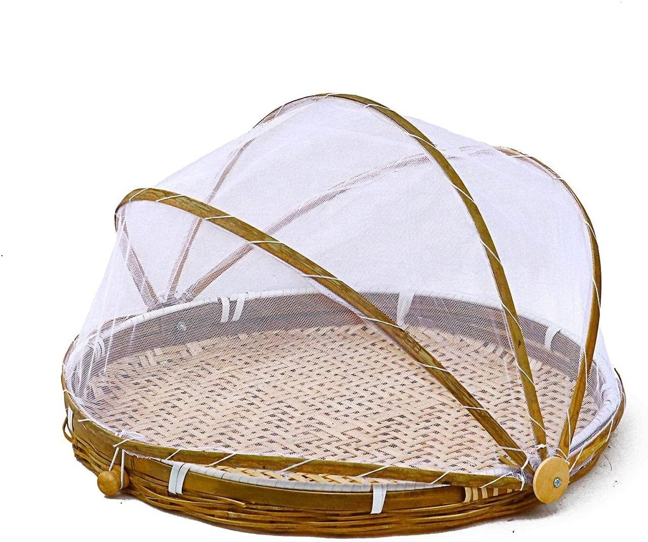 Hand-Woven Food Serving Basket with Gauze - Bug-Proof Dustproof Round Picnic Basket Food Tent Cover Storage Container for Home